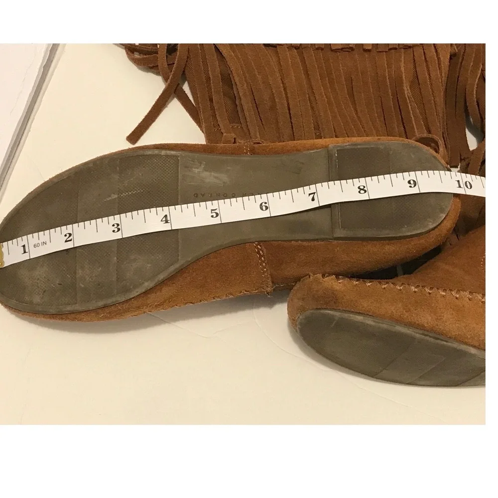Lauren Conrad Brown Suede Triple Fringe Moccasin Boots Boho Mid Calf Cognac